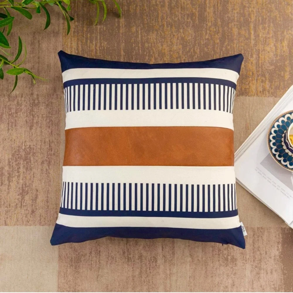 Luxury Home | Boho Rustic Navy Blue Striped Faux Leather Throw Pillow Cover