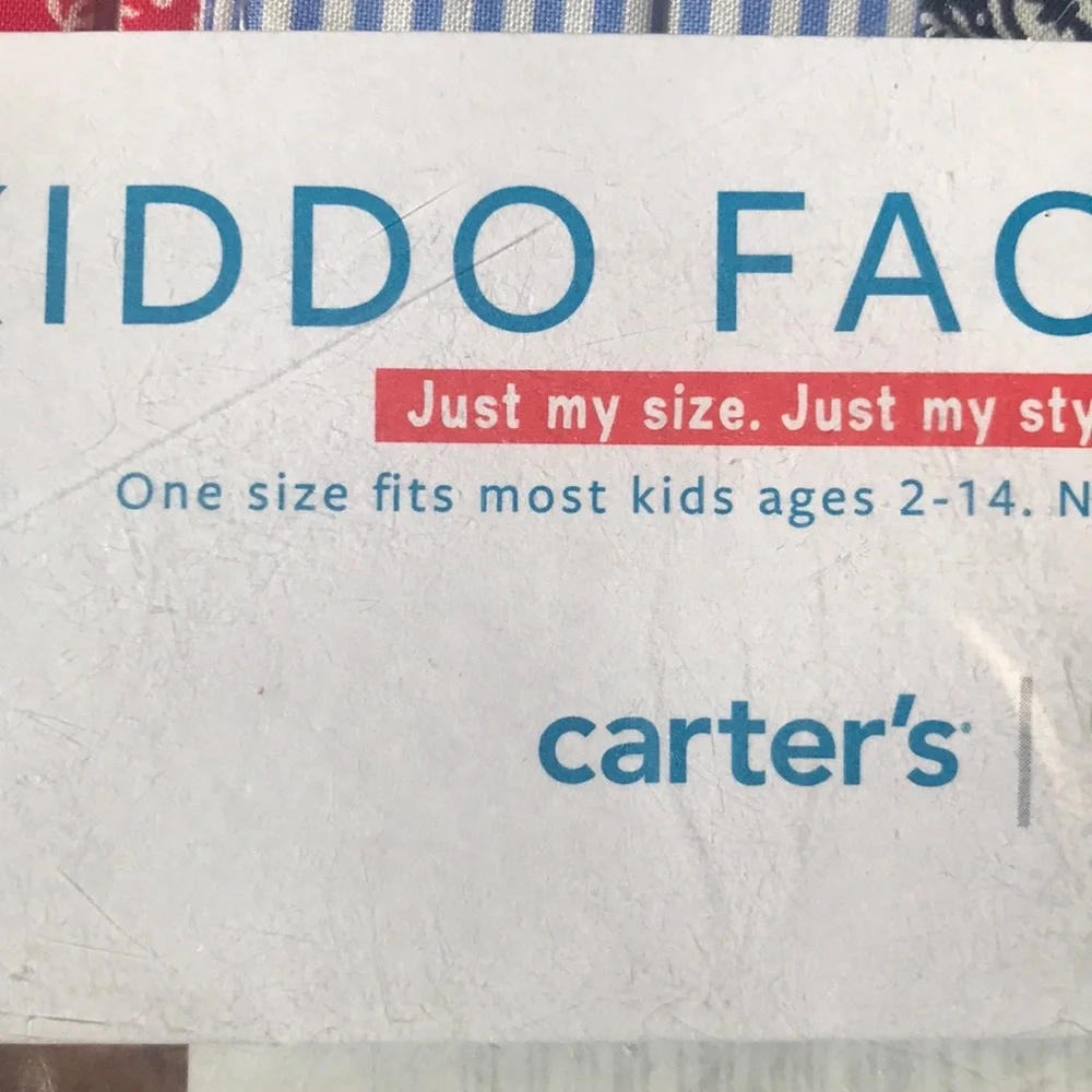 12 New Carter’s Kiddo Face Masks for Kids 2-14 y/o. 4 packs with 3 mask/pack.