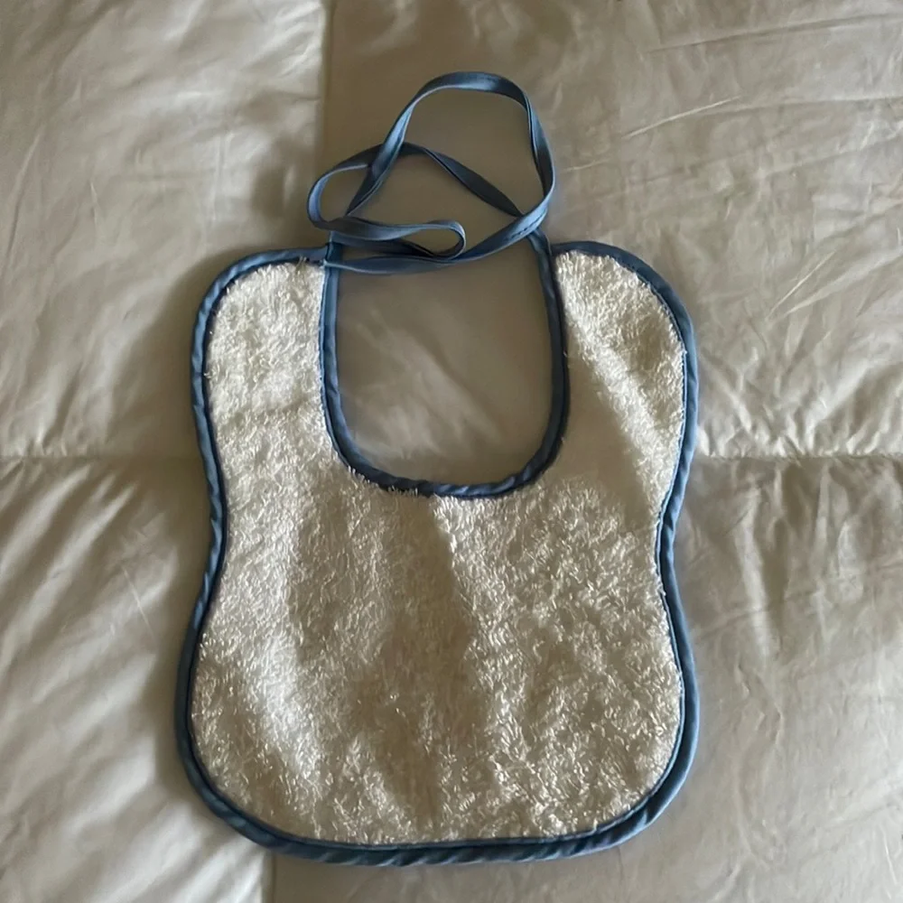 Baby Bib, 6.5x9.5 inches, handmade, towel material, white & blue, reversible.