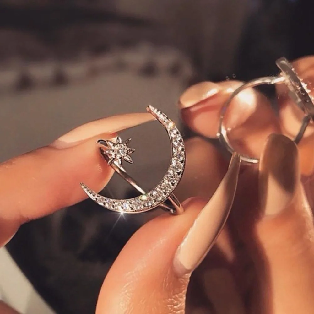 *Sterling Silver Diamond Moon Star Adjustable Ring