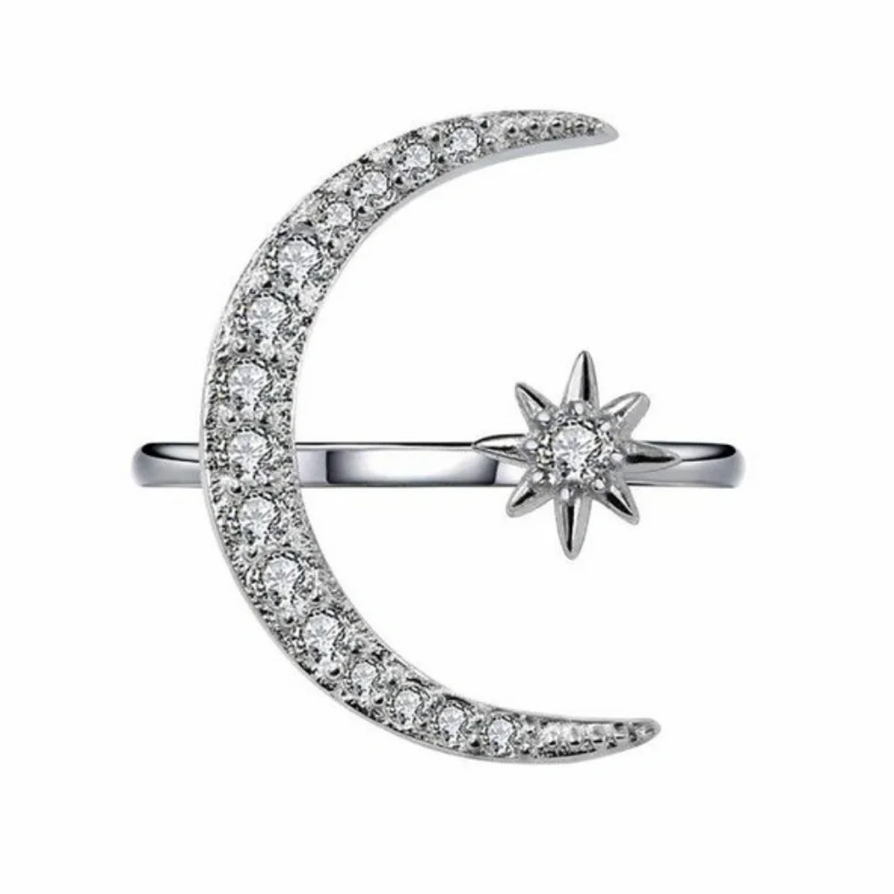 *Sterling Silver Diamond Moon Star Adjustable Ring