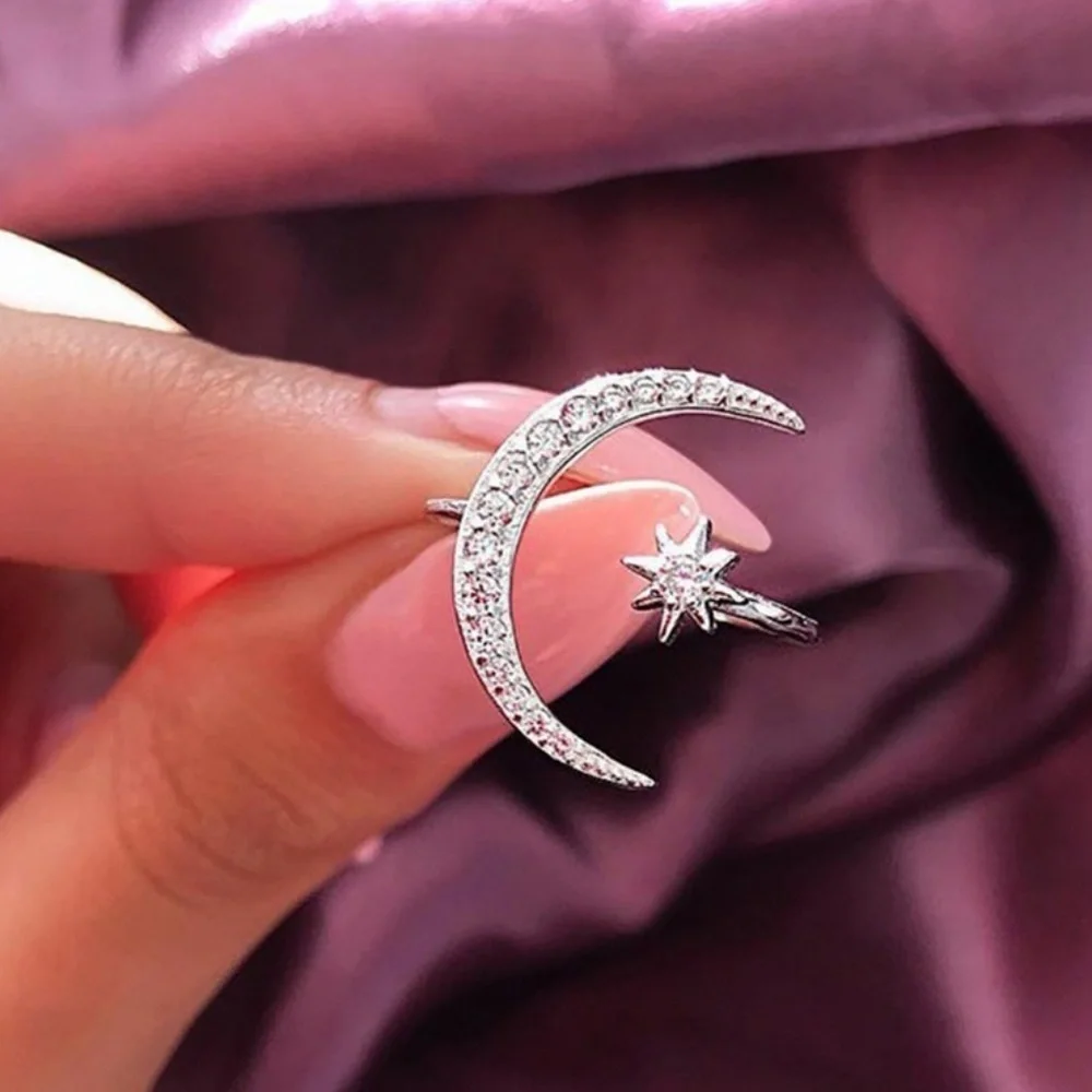 *Sterling Silver Diamond Moon Star Adjustable Ring