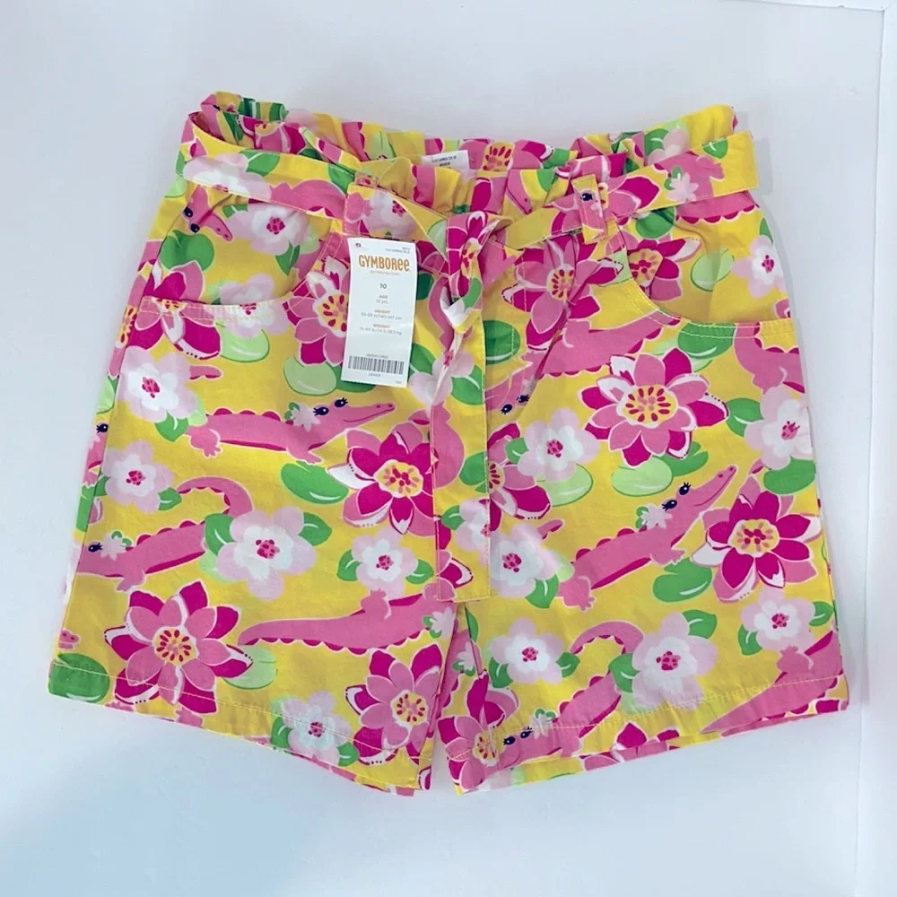 GYMBOREE Belted Crocodile & Lily Print Shorts Size 10
