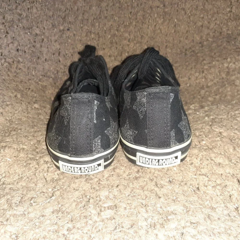 UNDERGROUND ENGLAND-Black/Silver Glitter Stars-Leather Pointed Toe-Sz 5 UK/7 US