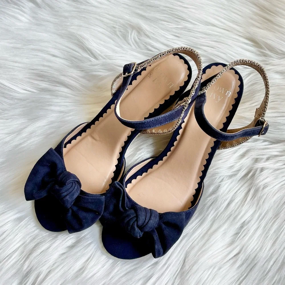 Crown & Ivy Leila Leather Suede Bow Espadrille Sandals