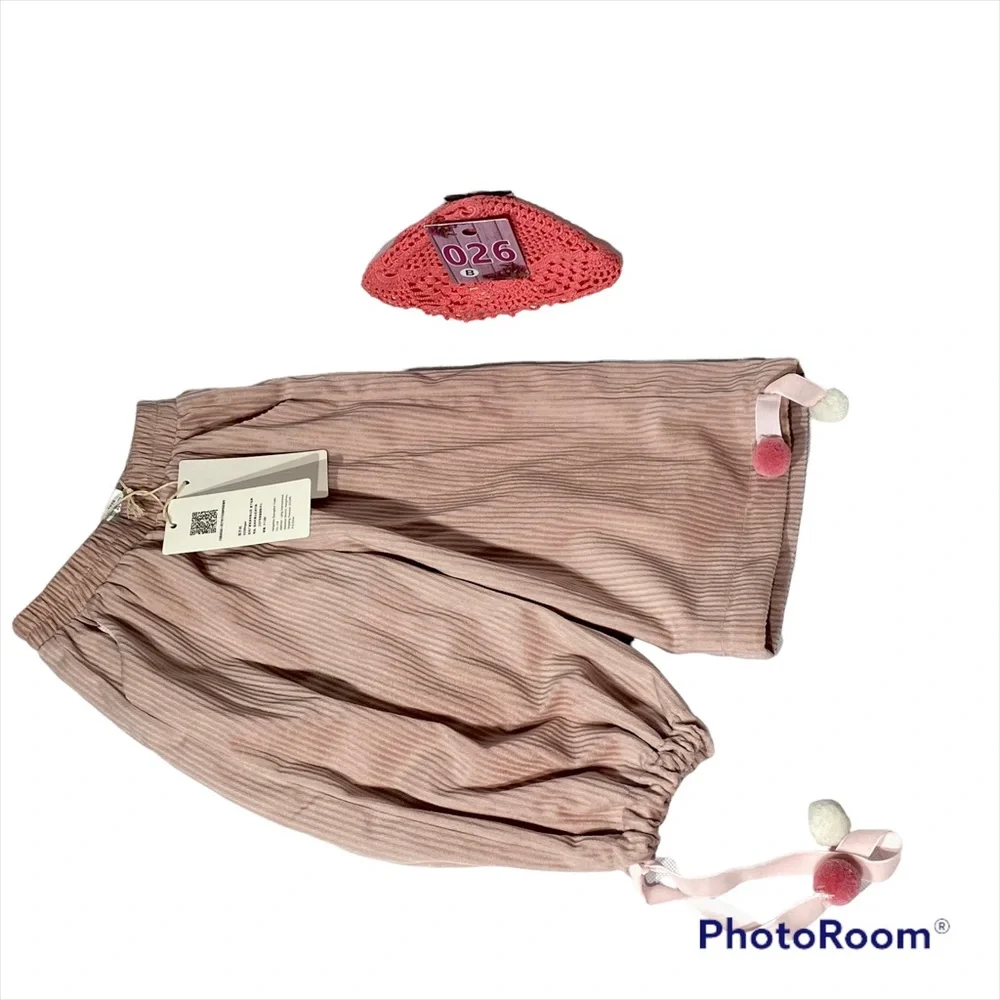 Xizi Kids NWT Soft Pale Pink Lined Corduroy Pants with Pom-pom Ties