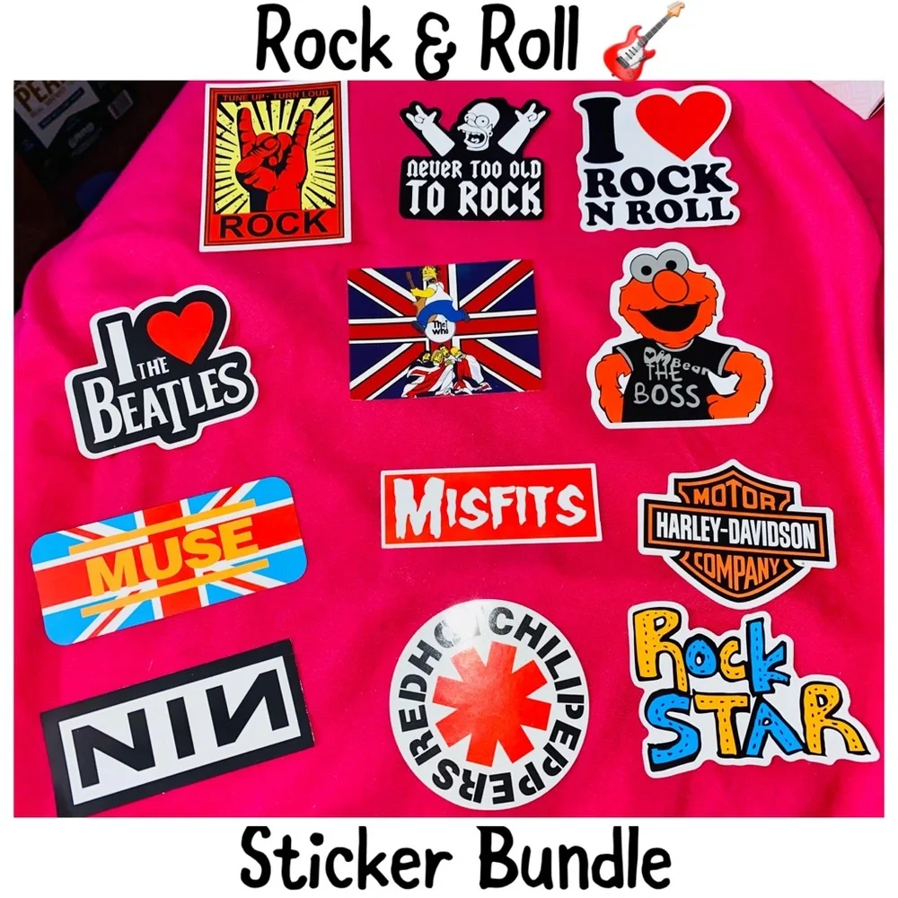 Rock & Roll Mix/Theme Water Bottle- Laptop Sticker Bundle of 12
