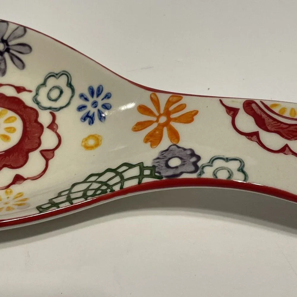 Pier 1 Imports Colorful, Hand Painted Floral 8” Stoneware Spoon Rest VTG
