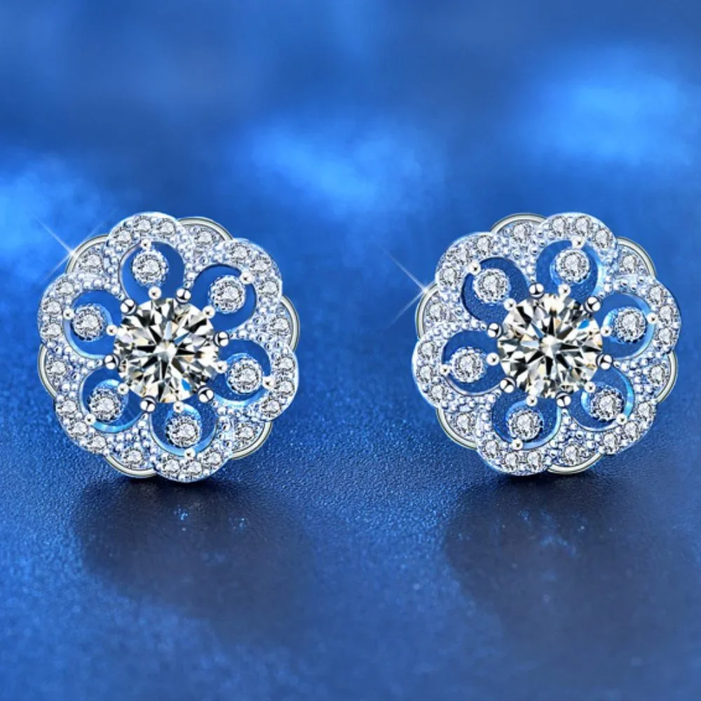 Certified 1ct. t.w. Moissanite Diamond Flower Stud Earrings NEW
