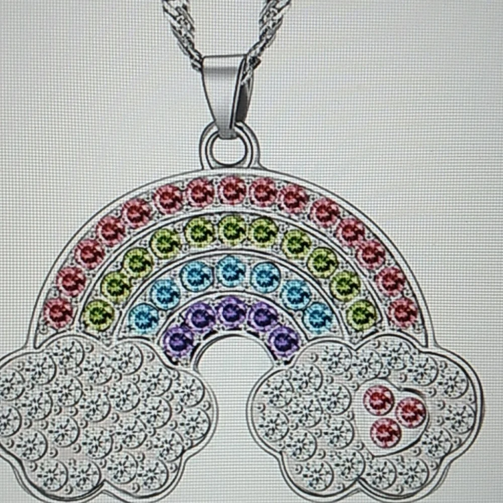 Cute Rainbow necklace Girls w Rhinestones 22 inch chain, pink, blue.