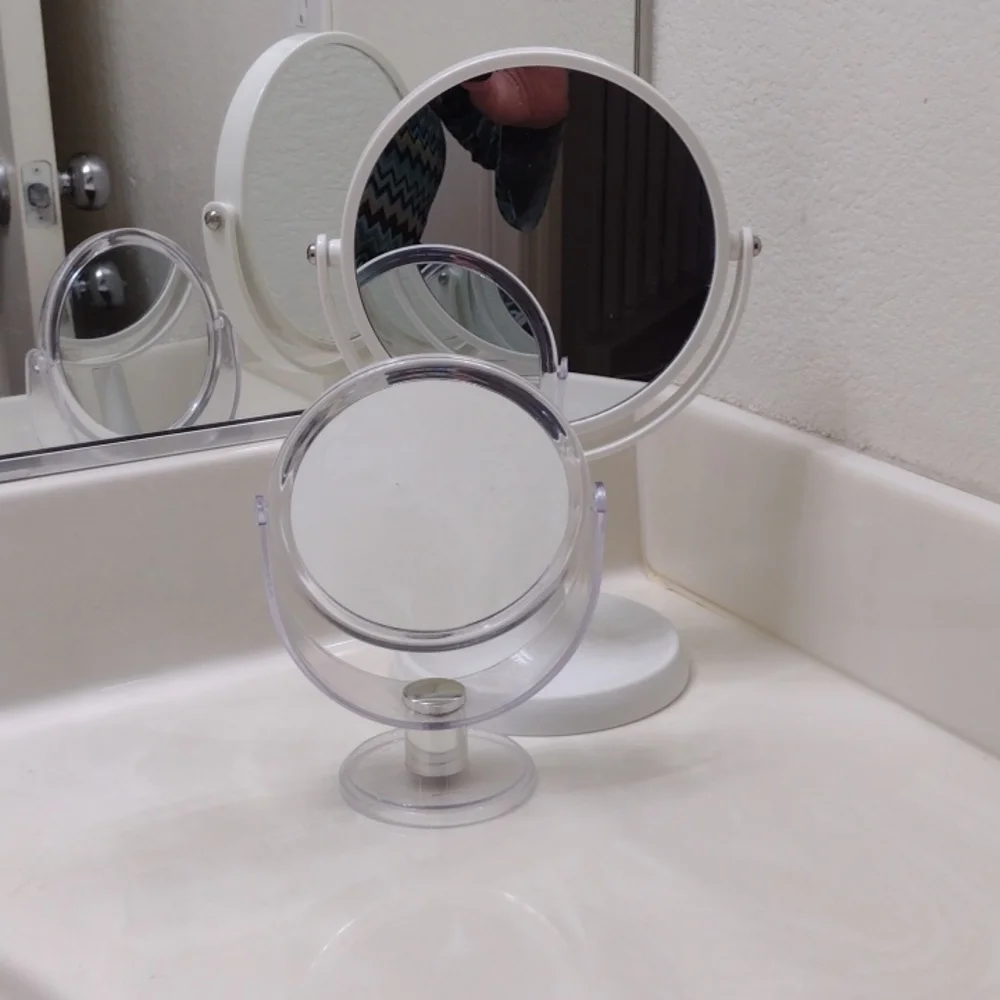 Two makeup mirrors a set, one white one clear acrylic reversible side magnified