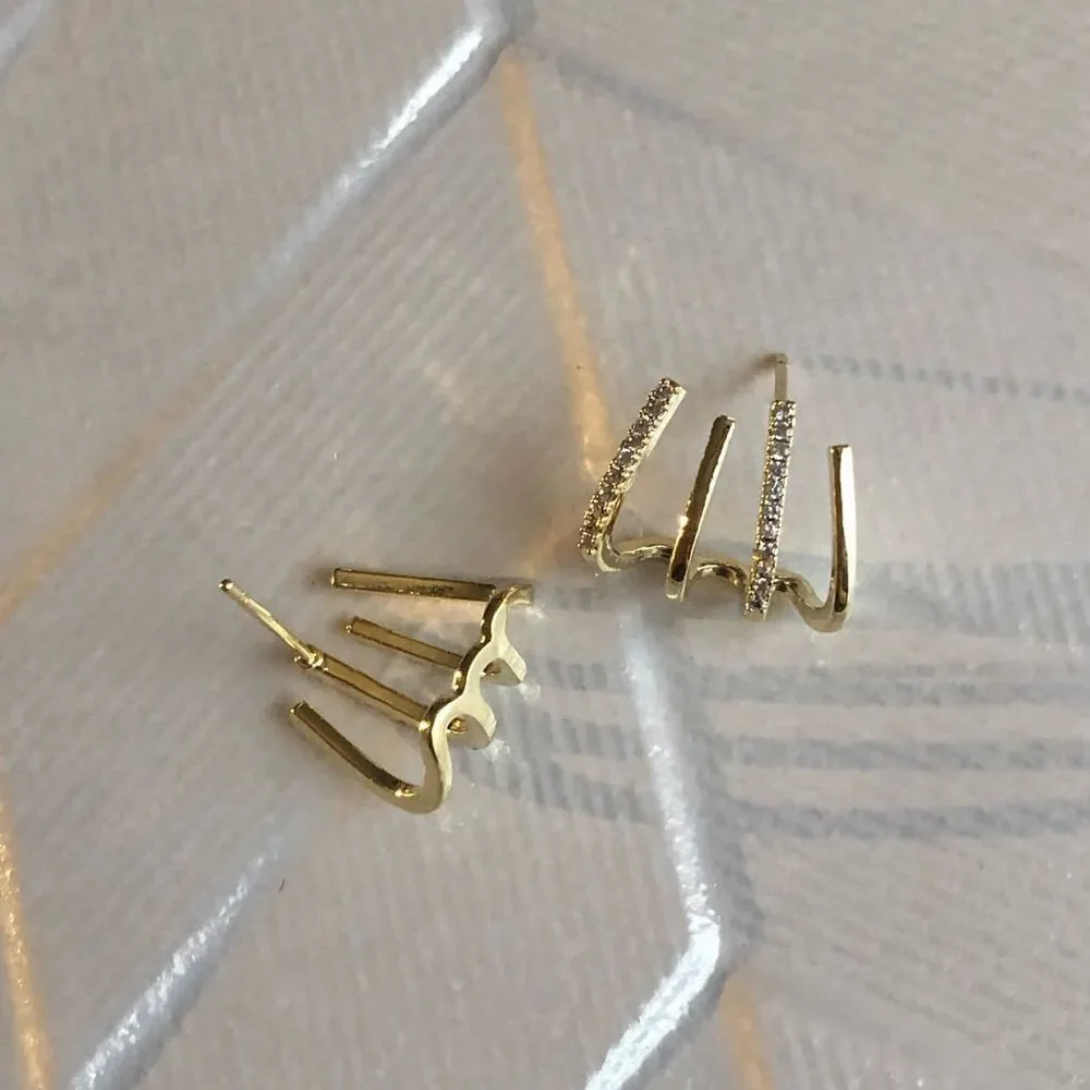 18K Thick Gold Plated Polly Pave Claw Hoops Stud Earrings