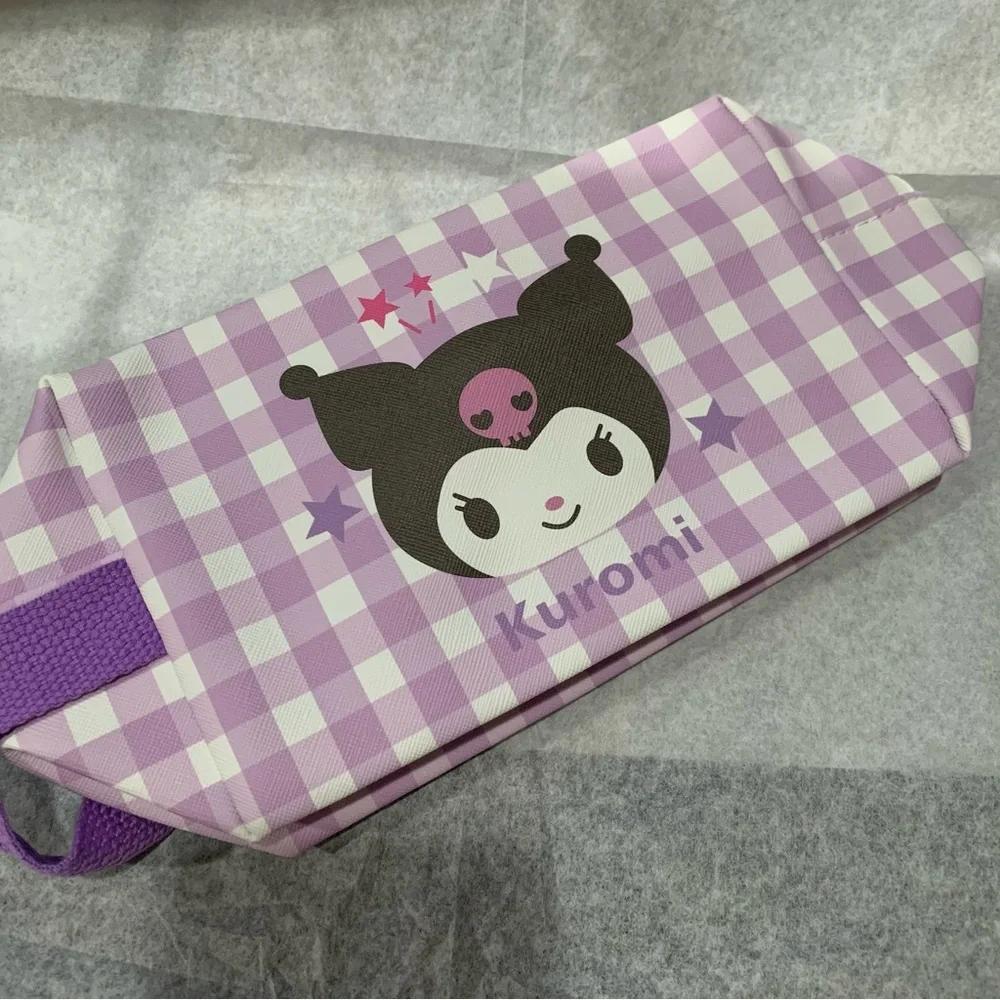 Kuromi Purple and White Gingham Check Zip Make Up Bag Pouch with Side Handle