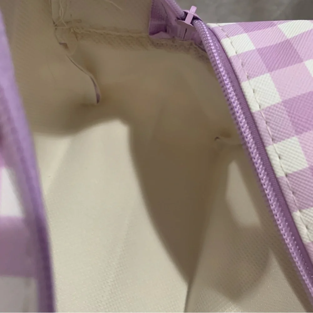 Kuromi Purple and White Gingham Check Zip Make Up Bag Pouch with Side Handle