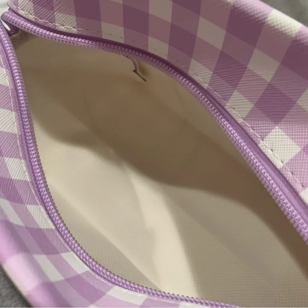 Kuromi Purple and White Gingham Check Zip Make Up Bag Pouch with Side Handle