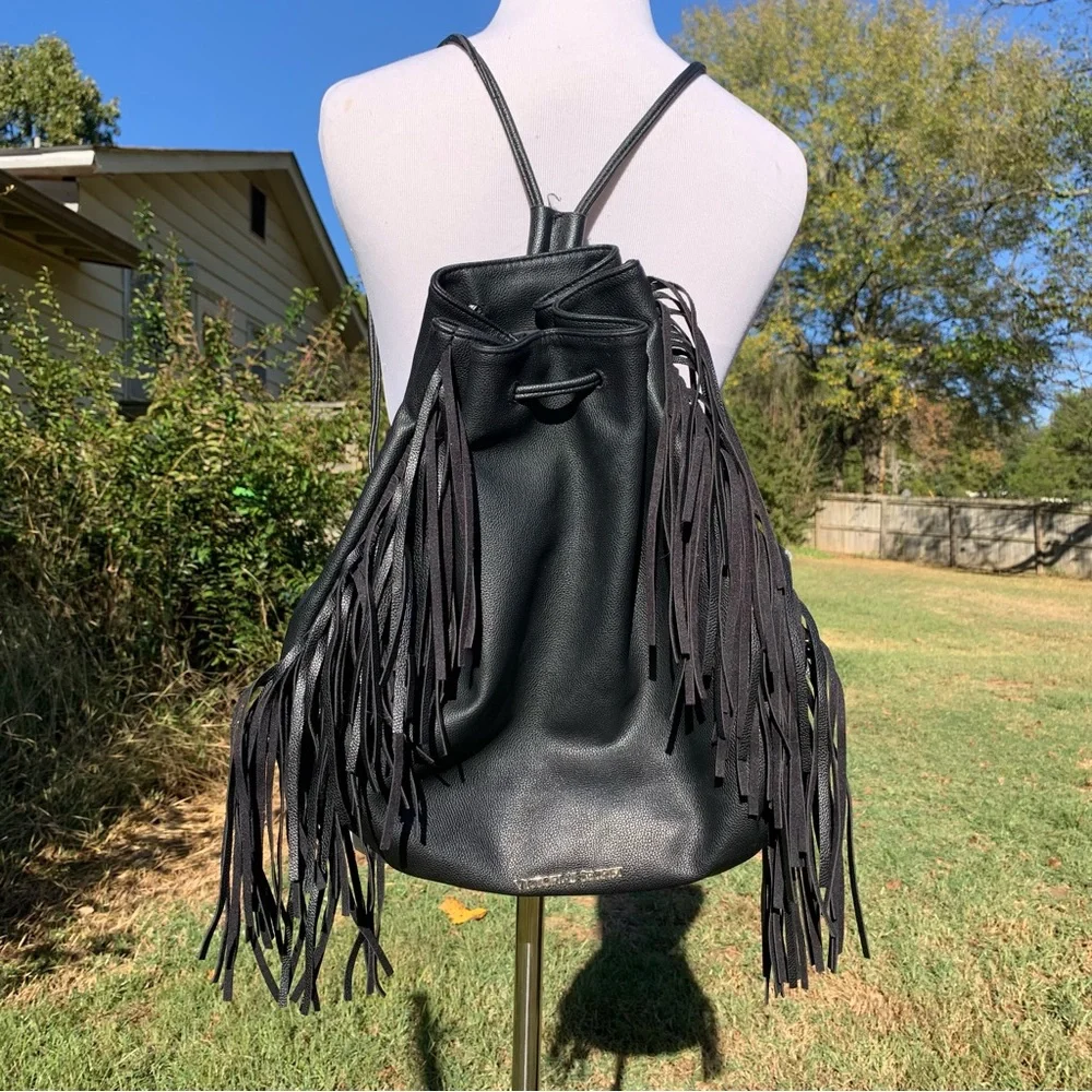 Victoria’s Secret Black Faux Leather Fringe Bucket Bag Backpack Purse