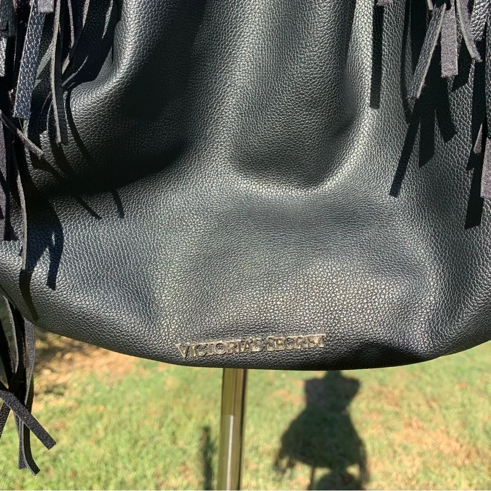 Victoria’s Secret Black Faux Leather Fringe Bucket Bag Backpack Purse