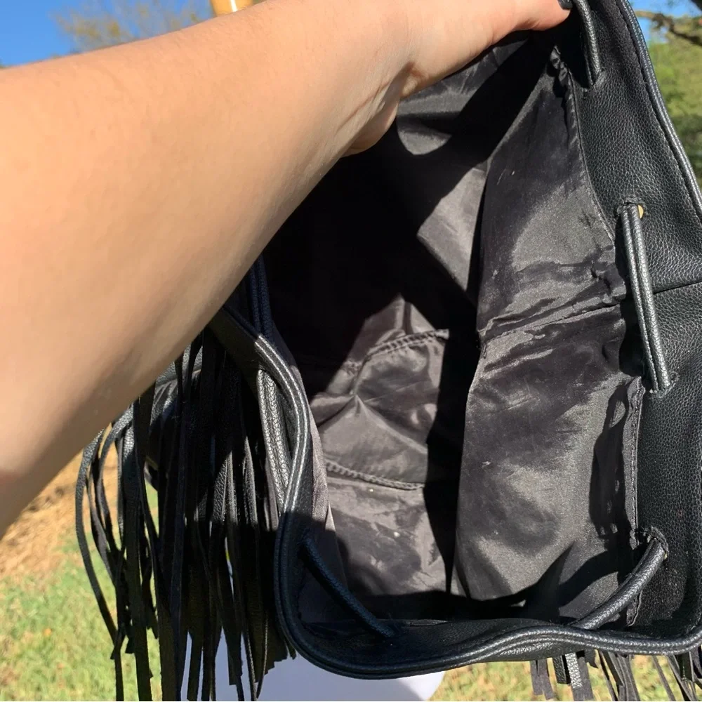 Victoria’s Secret Black Faux Leather Fringe Bucket Bag Backpack Purse