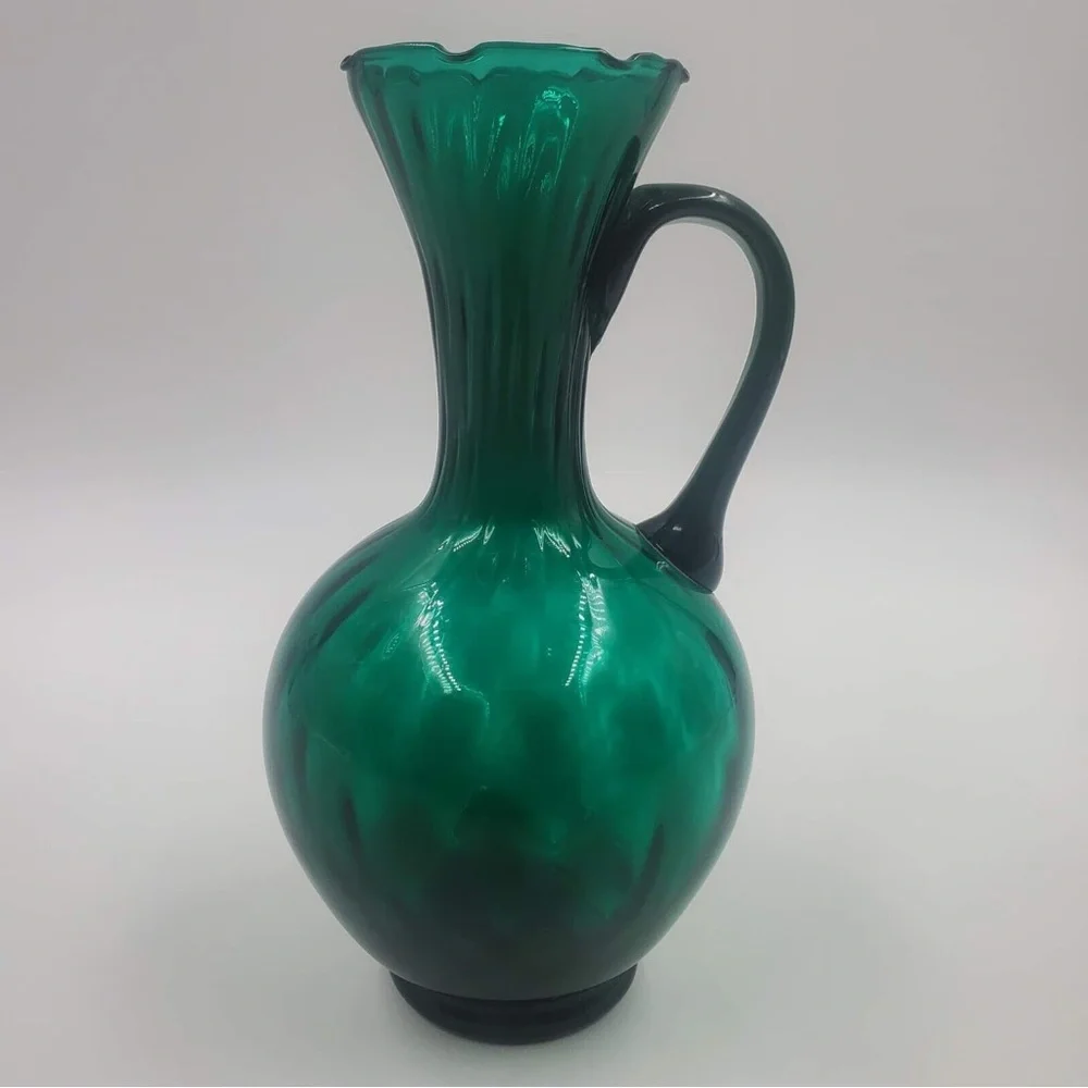 Vintage Empoli Italian Juniper Green Diamond Optic Glass Pitcher Vase 8”