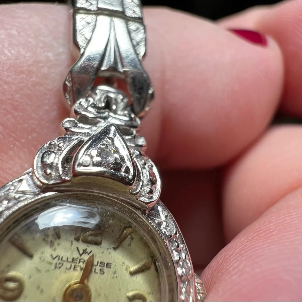 Vintage Benrus 14K Gold and Diamonds Ladies Wrist Watch, White Gold, Art Deco
