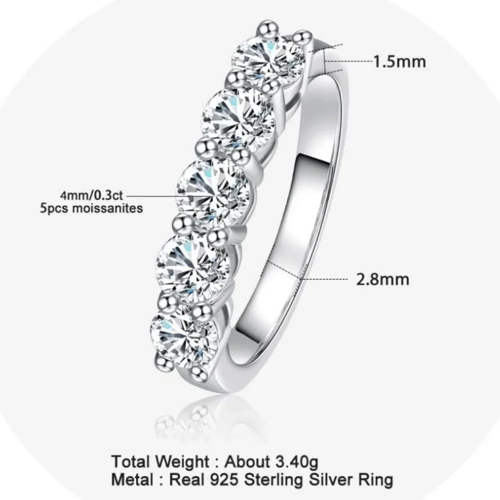 Certified 1.5 ct. t.w. Moissanite Diamond 5 Stone Half Eternity Band Ring NEW