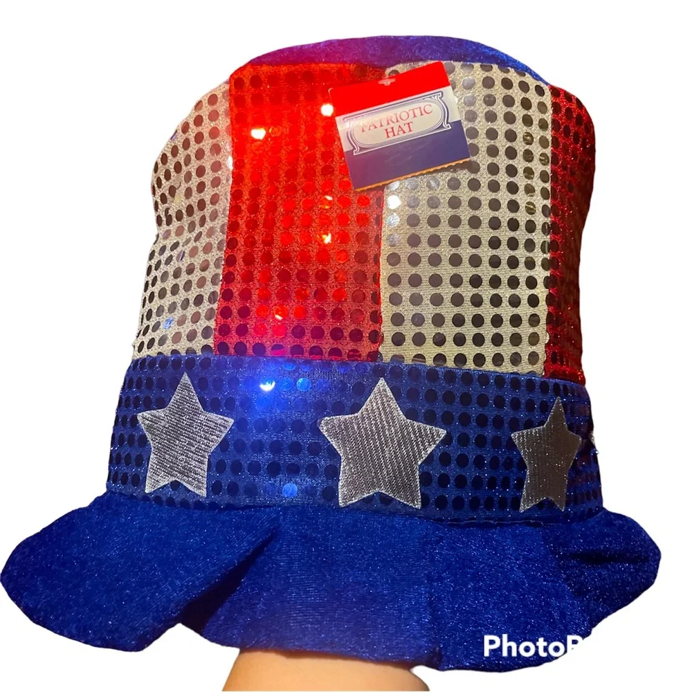 Patriotic Flag Bucket Hat Stars Stripes Sequin Red White Blue 10