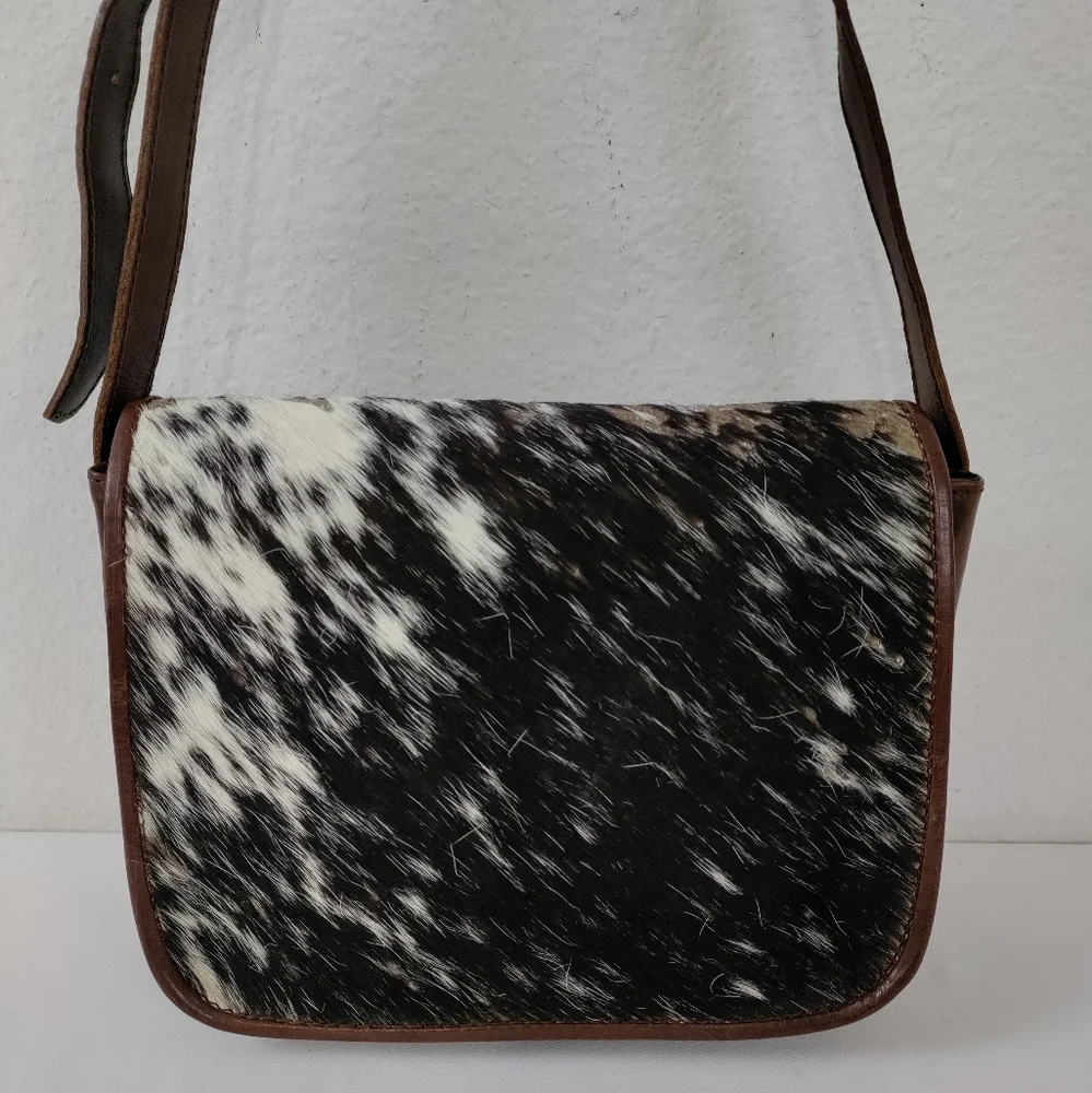 Leaders In Leather Vntg Tooled Leather Pony Hair Flap Messenger Crossbody Bag