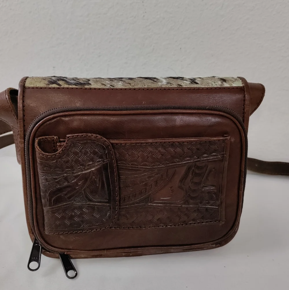 Leaders In Leather Vntg Tooled Leather Pony Hair Flap Messenger Crossbody Bag