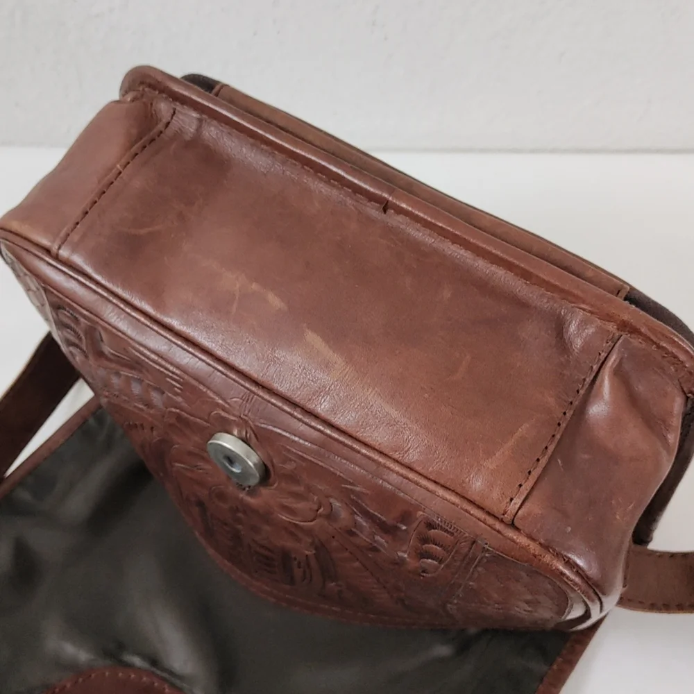 Leaders In Leather Vntg Tooled Leather Pony Hair Flap Messenger Crossbody Bag