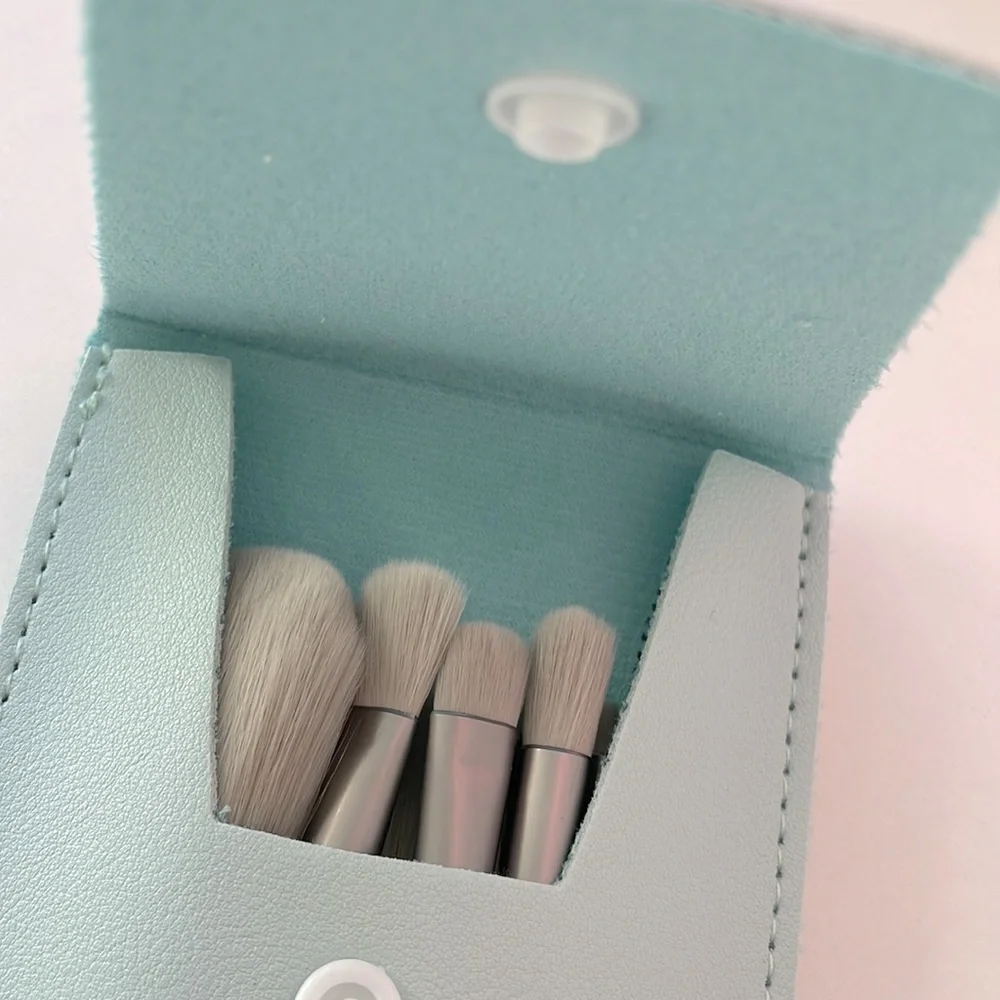 Set of travel size makeup brushes in ice blue travel envelope. New.