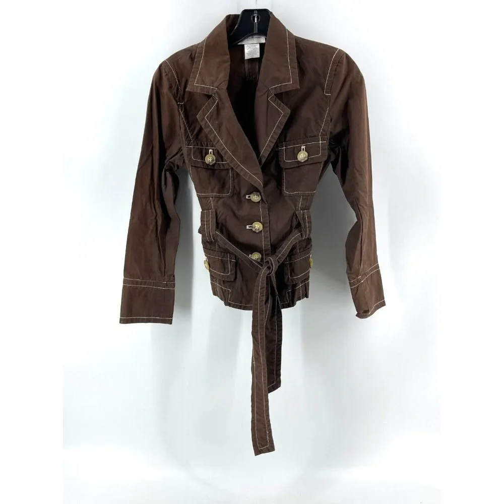 Preswick & Moore Petite Women's Brown Belted Pockets Button Jacket Size PS