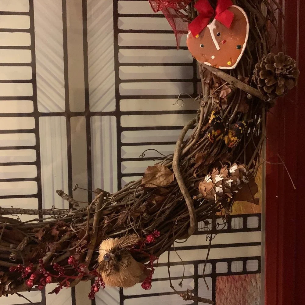 Winter Season Grapevine Wreath, Rustic with Red Accents, Artist-Made