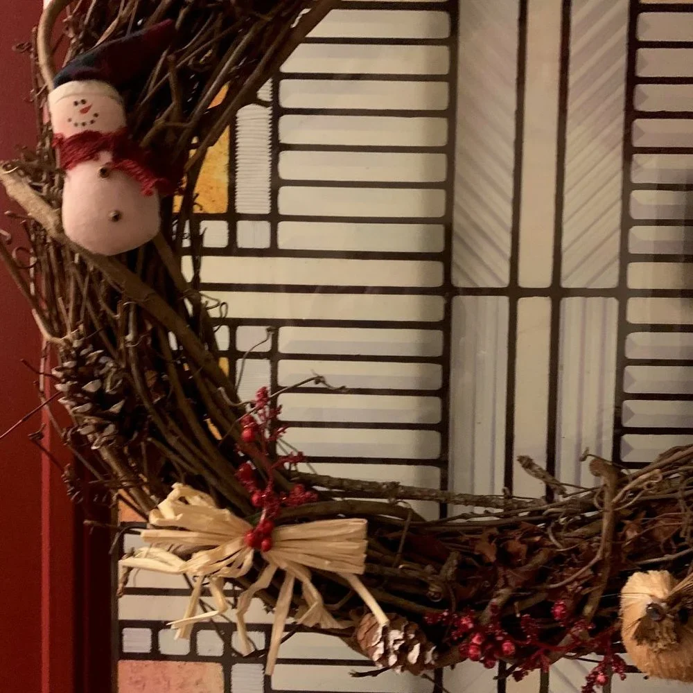 Winter Season Grapevine Wreath, Rustic with Red Accents, Artist-Made
