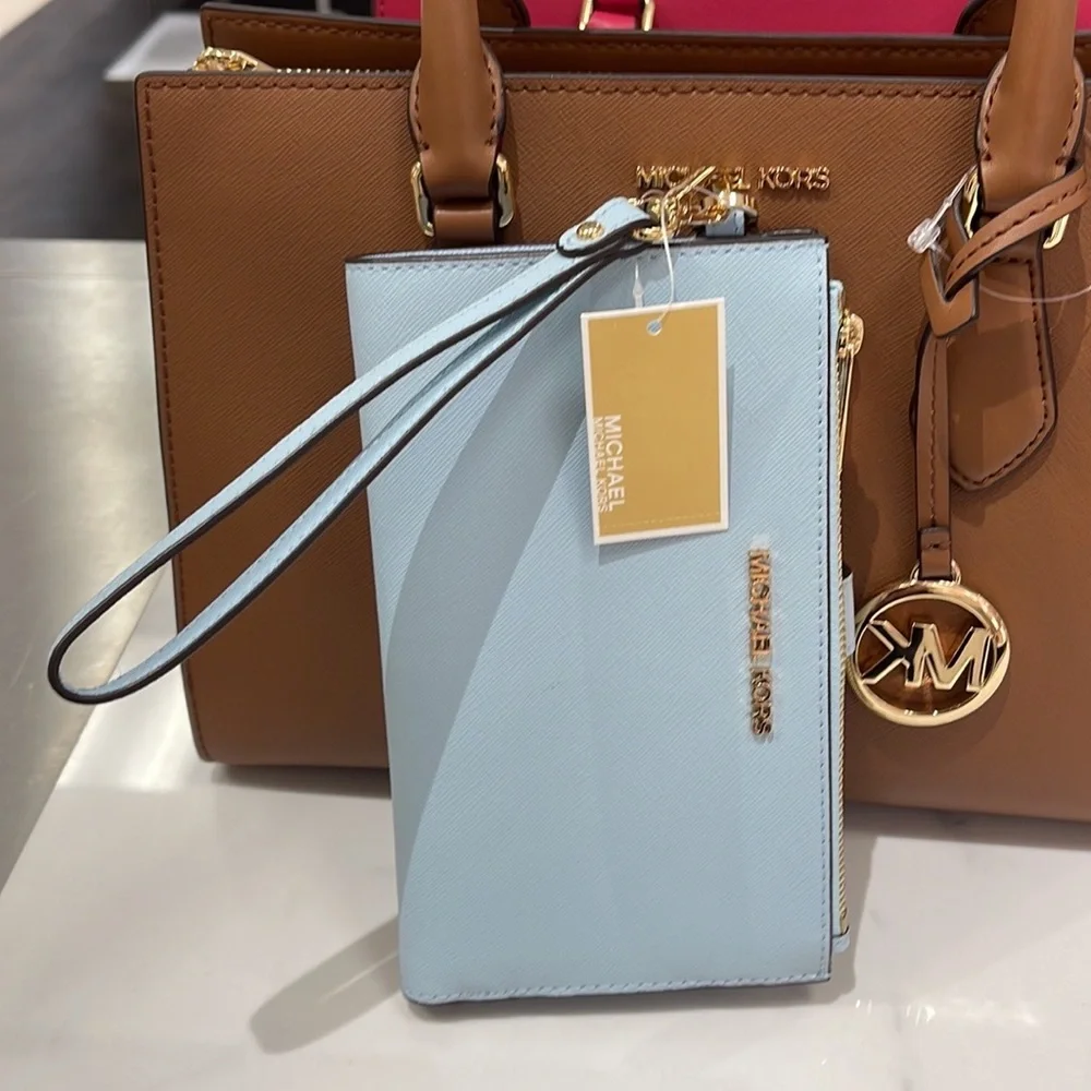 MICHAEL KORS LARGE DOUBLE ZIP WRISTLET WALLET PHONE CASE CLUTCH Vista Blue