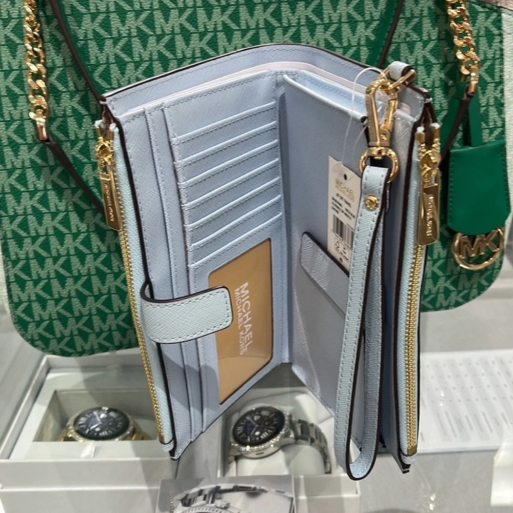 MICHAEL KORS LARGE DOUBLE ZIP WRISTLET WALLET PHONE CASE CLUTCH Vista Blue