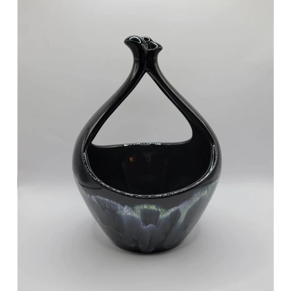 Vintage Black w/Blue Green Drip Glaze Ceramic Pottery Basket