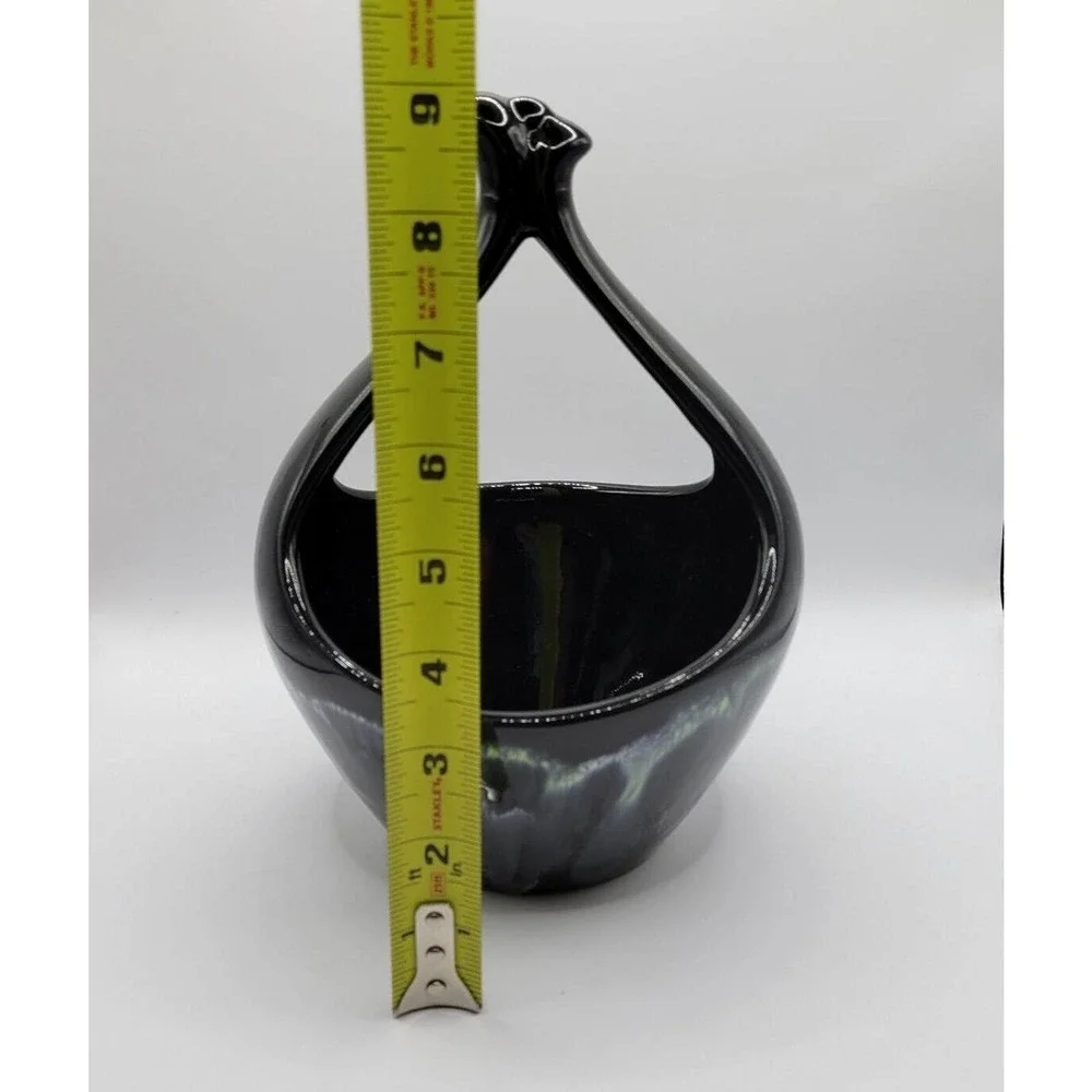 Vintage Black w/Blue Green Drip Glaze Ceramic Pottery Basket
