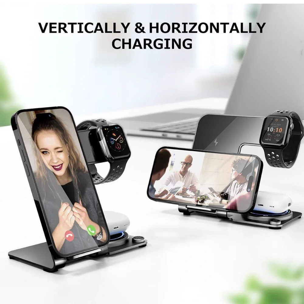 3 in 1 Wireless Charging Station for Multiple Devices, Aluminum Alloy -Black