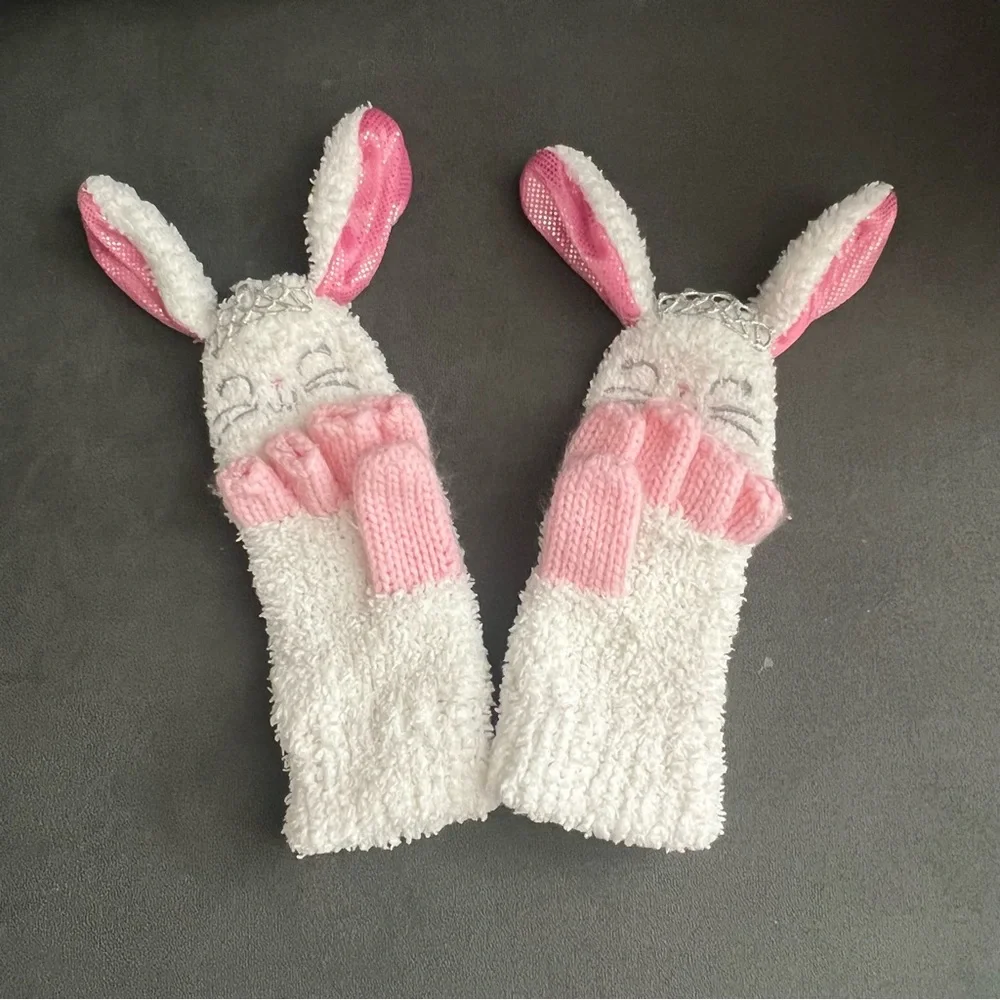 Toddler Girl’s Bunny White Fingerless Warm Mittens Gloves Size Small 4/5
