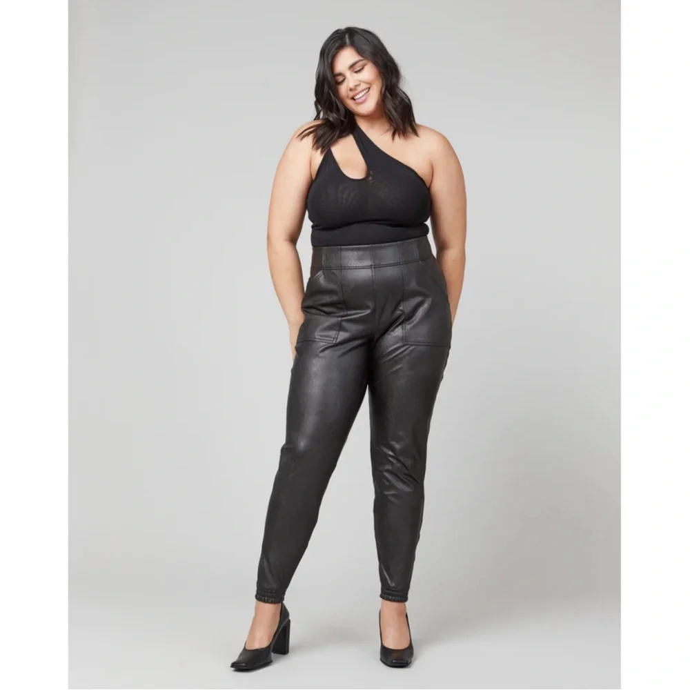 SPANX Leather-Like Joggers in Noir Black