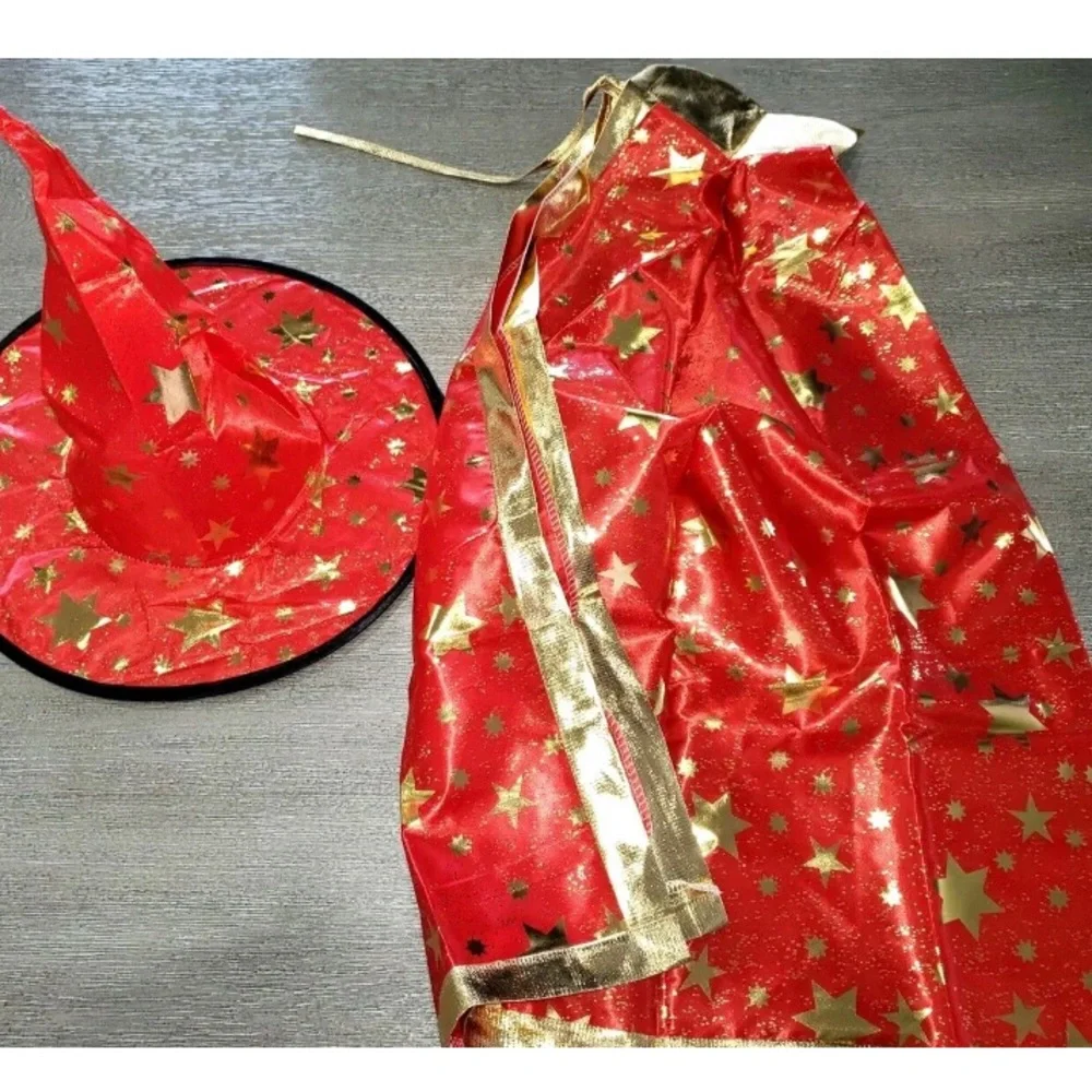 NEW WITCH HAT & CAPE SET gold shiny STARS HALLOWEEN COSTUME super hero