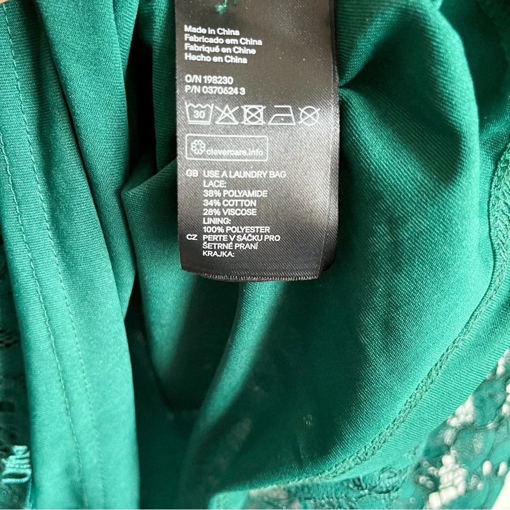 H&M Mock Neck Green Paisley Style Lace Blouse Top