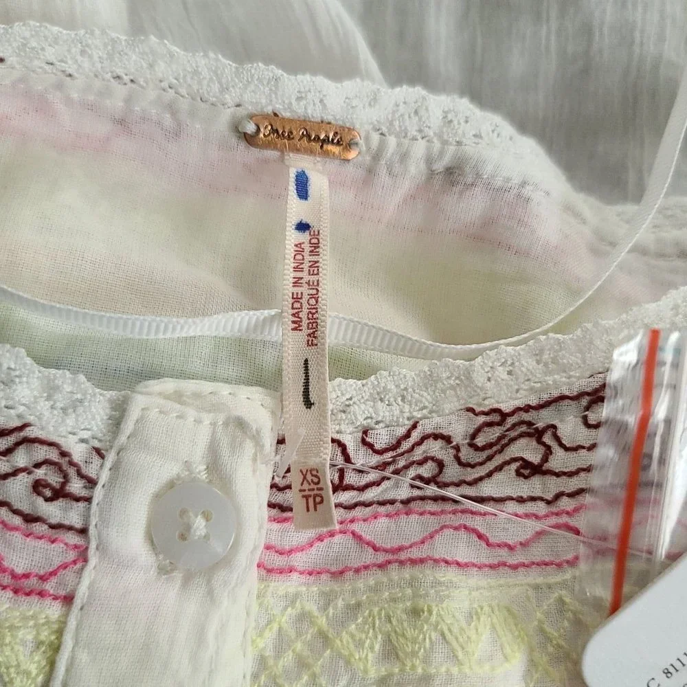 Free People Mirabella Embroidered Top Sz XS Cream Multicolor Crop SS NWT $128