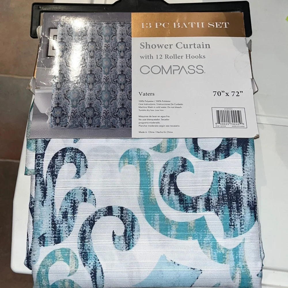 Compass bath set Shower Curtain 12 hooks 70” x 72” brand new Washable material