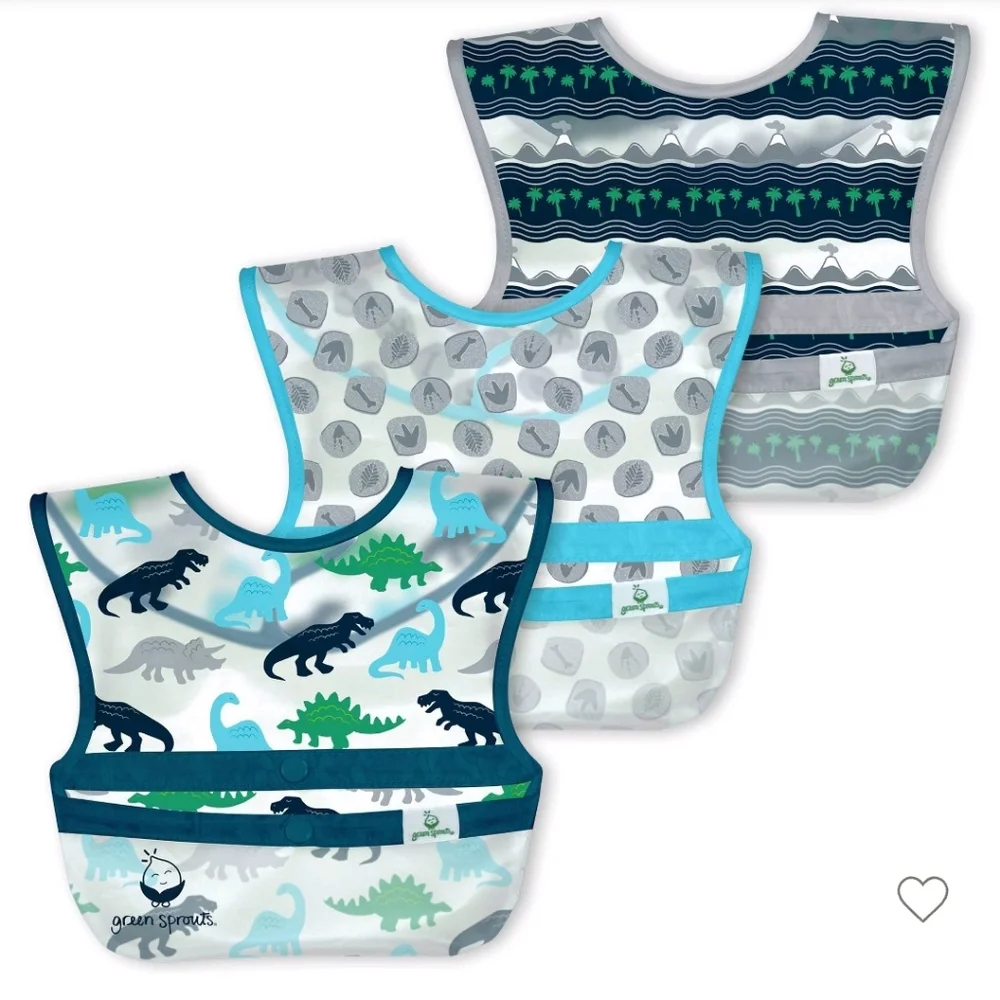Green Sprout Snap & Go Wipe Off Bibs Blue Dinosaurs 9-18M - 3pk