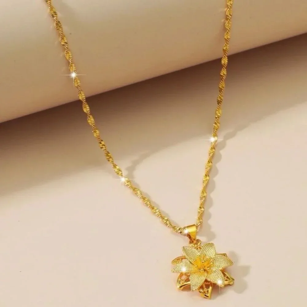 Yellow Gold Color Flower Pendant Necklace
