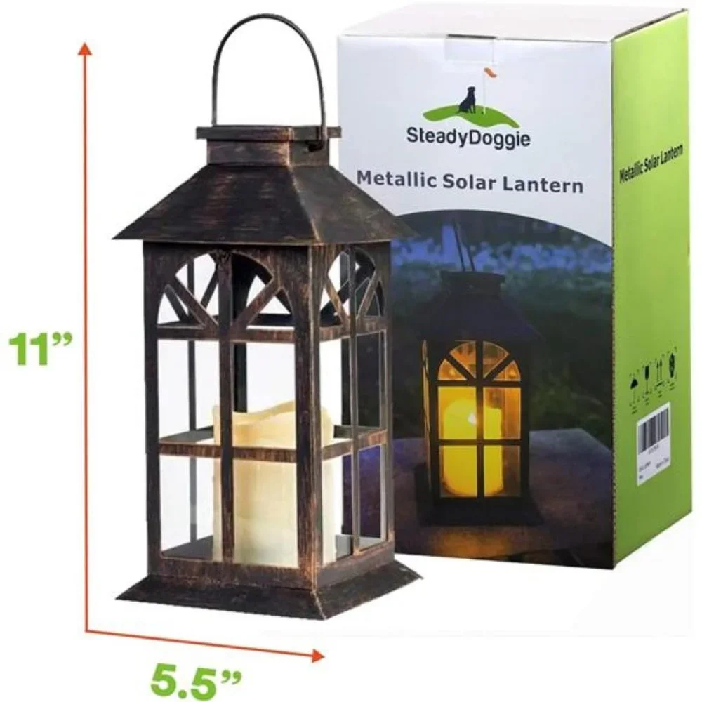 Solar Lantern Outdoor Classic Decor Bronze Antique Metal and Glass Construction