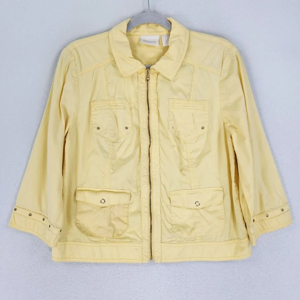 Chicos Jacket Women 1 Yellow 8 3/4 Sleeve Utility Full Zip Lightweight Spring