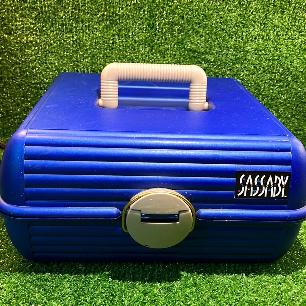 Vintage SASSABY Blue Makeup Travel Case Jewelry Box Organizer with Mirror