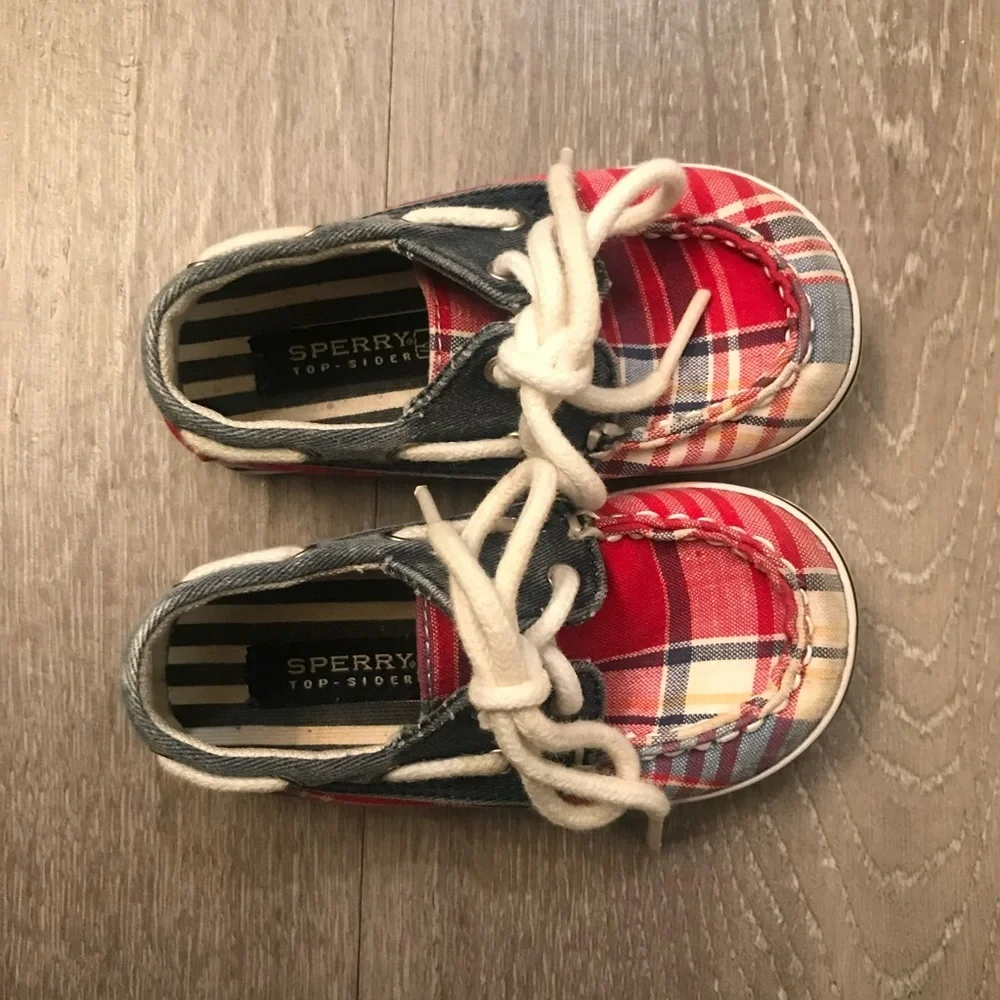 SPERRY Bahama Crib Plaid Canvas Lace Up Boat Shoes Baby Size 4M (4 Months).​